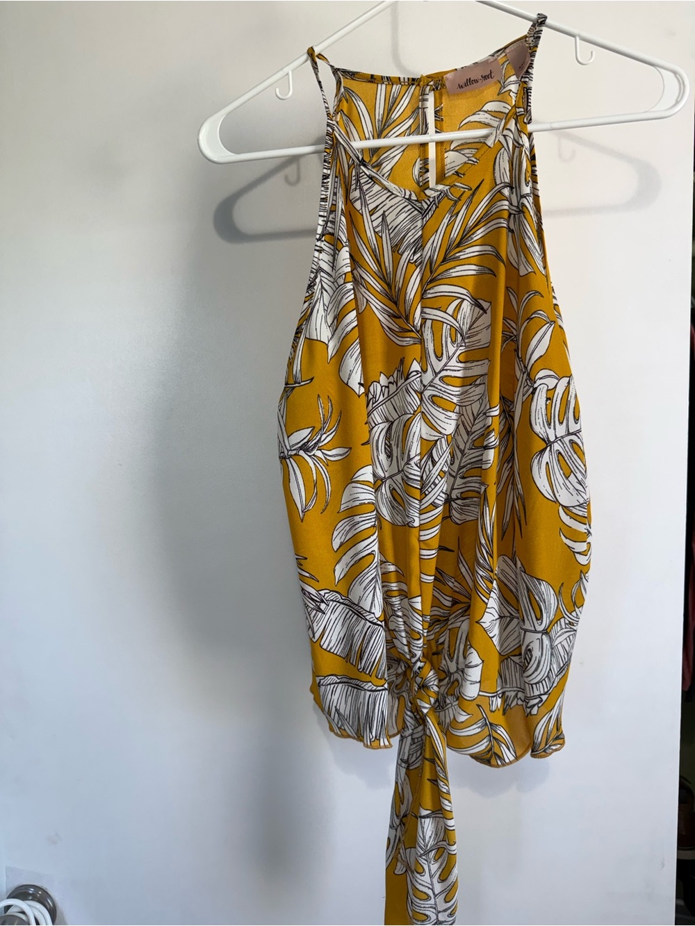 Willow Mustard and White Tropical Tie-Front Halter Top